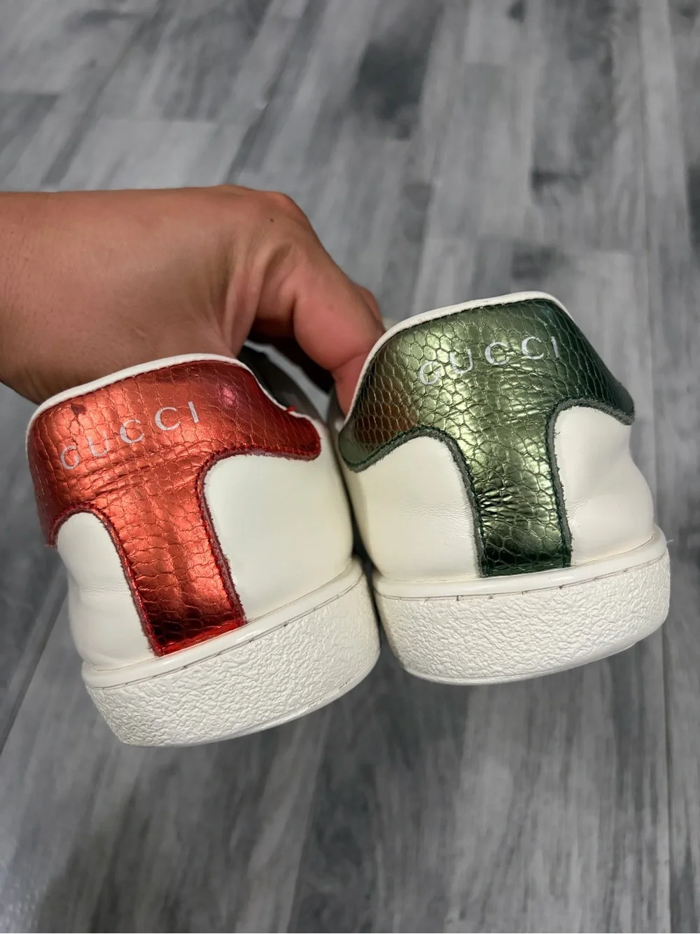 Gucci Ace White Leather Sneakers with Green & Red Stripe and Gold Bee